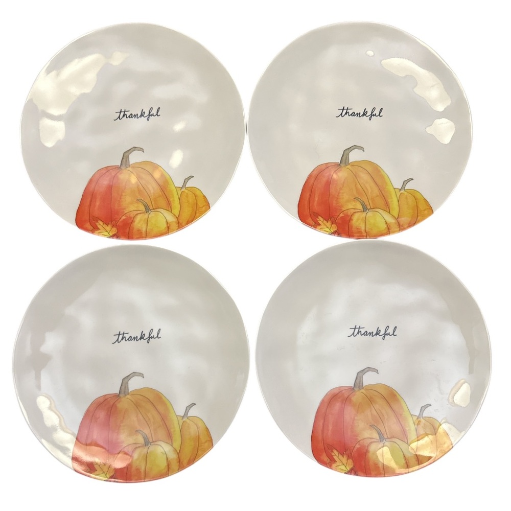 Rae Dunn 4 Piece Set Thankful Pumpkin Melamine Plates Fall 8 inch Thanksgiving